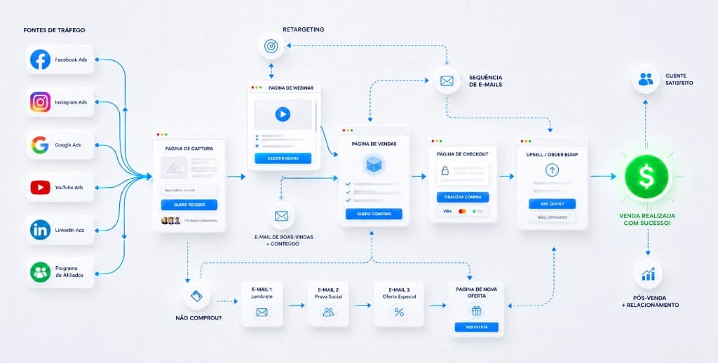 Funil de vendas: do primeiro contato à conversão, com etapas claras.
