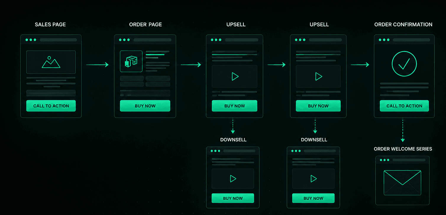 Fluxo visual completo de funil com páginas, upsells, downsells e recorrência.